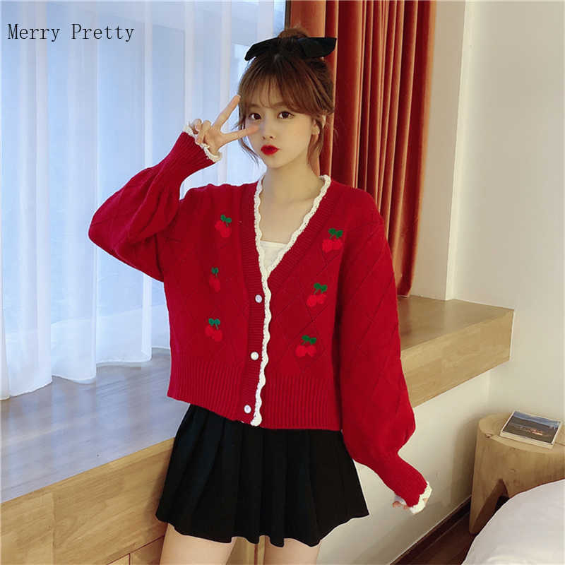 Cherry Embroidery Korean Women Short Knitted Pullover Sweaters Summer Long Sleeve V-neck Casual Sweet Style Girly Crop Top 210812