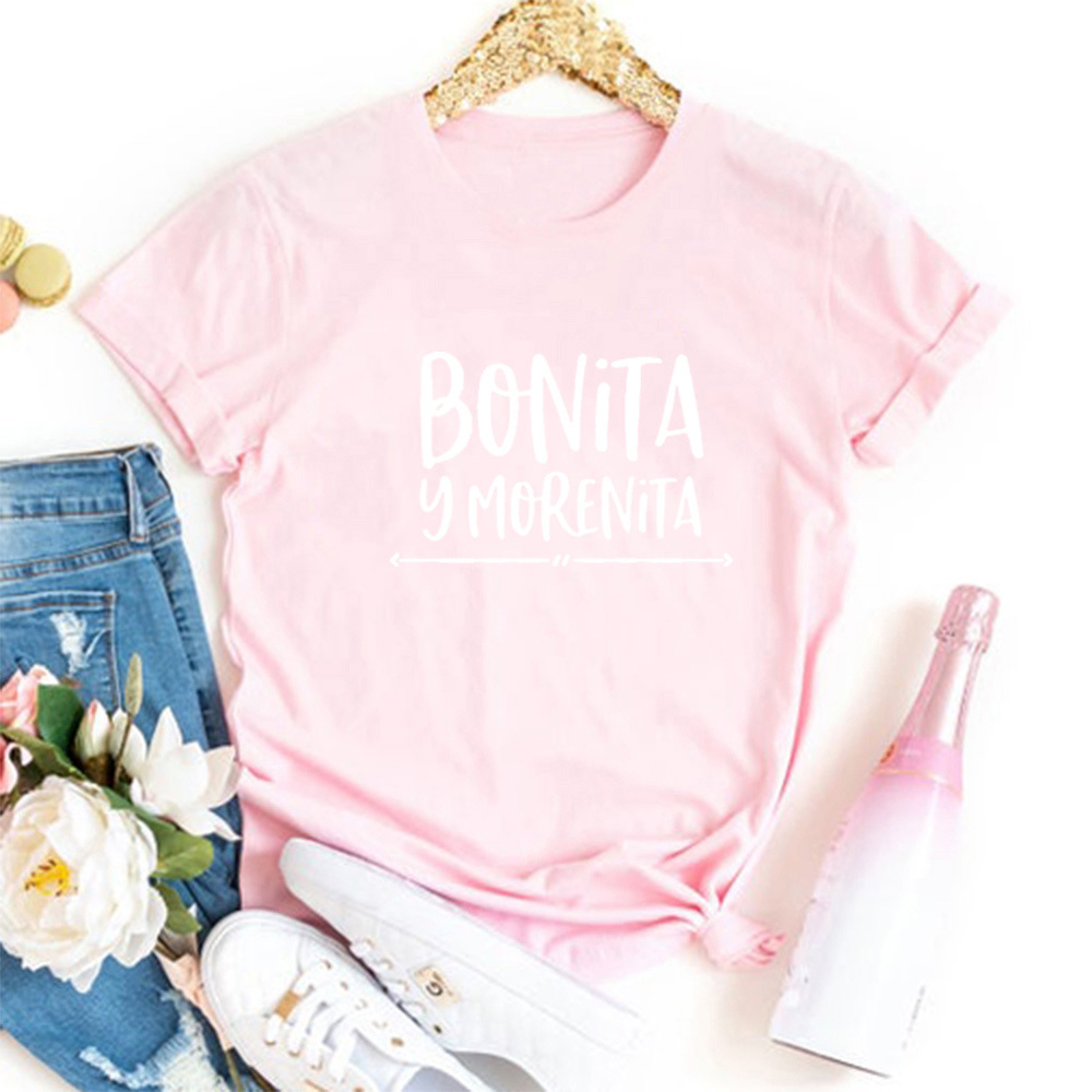 Bonita Y Morenita Summer Funny T shirt Women T-shirt Short Sleeve Tshirt Women Top Cotton Tee Shirt Femme Black Camiseta Mujer 210306