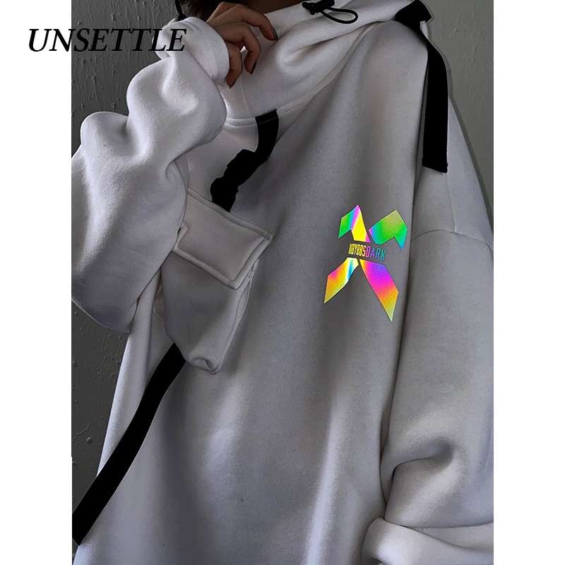 Autumn Japanese Laser Reflection Harajuku Pocket Hip Hop Vintage Streetwear Sweatshirts Aesthetic Oversized Hoodie Women Tops 201204