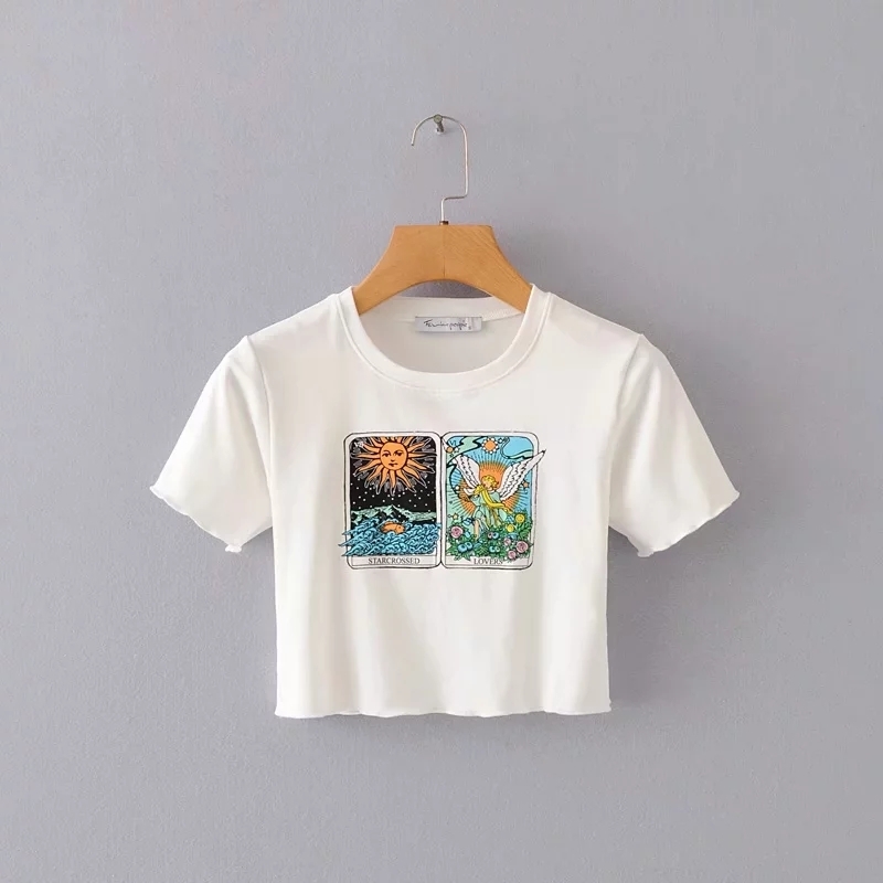 Women Printed Short Sleeve Crop Frill Hem Tee 210306