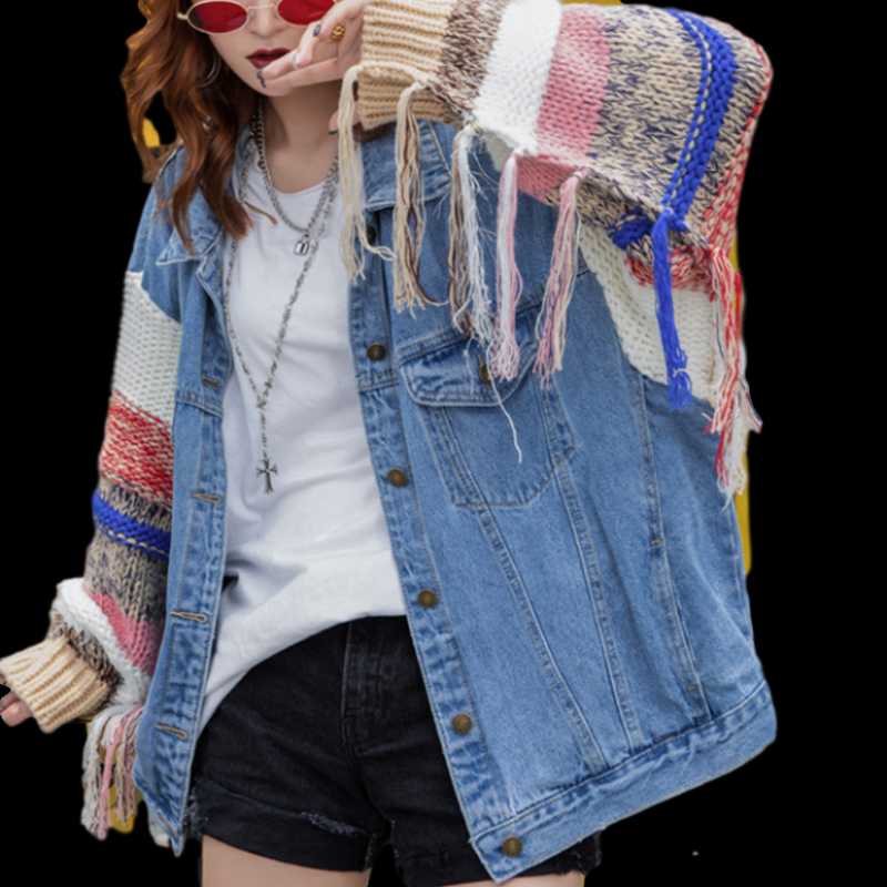 2021 New Women Denim Jacket Autumn Tassel Knitted Sleeve Coat Boyfriend Street Denim Overcoat Female Harajuku Patchwork Outwear, Dark blue jacket
2021 New Women Denim Jacket Autumn Tassel Knitted Sleeve Coat Boyfriend Street Denim Overcoat Female Harajuku Patchwork Outwear, Dark blue jacket