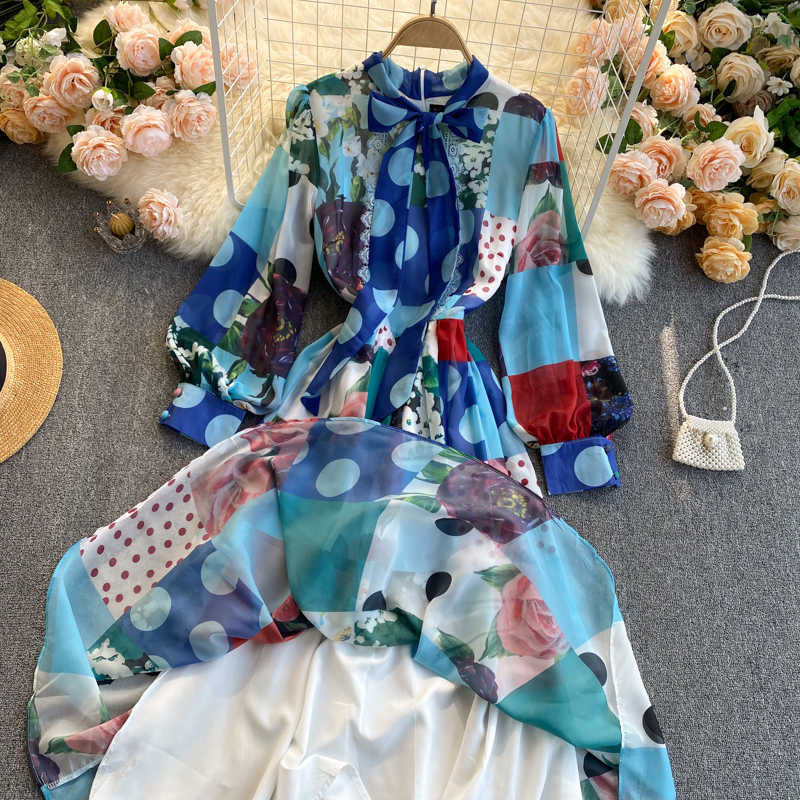 DEAT Spring Arrivals Print Round Collar High Waist Puff Sleeve Spliced Slim A-line Office Lady Chiffon Dress MZ473 210709
