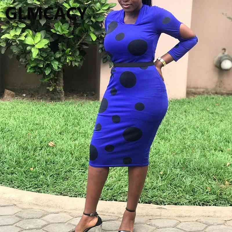 Women Long Sleeve Dot Printed Bodycon Dress Elegant Evening Party Midi Dress 210702