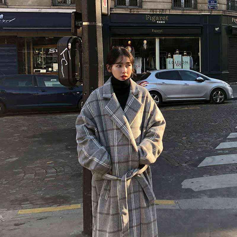 IEFB /men's wear autumn winter plaid print long coat Korean style trendy mid-length woolen coat couple bandage waist 9Y3829 211122