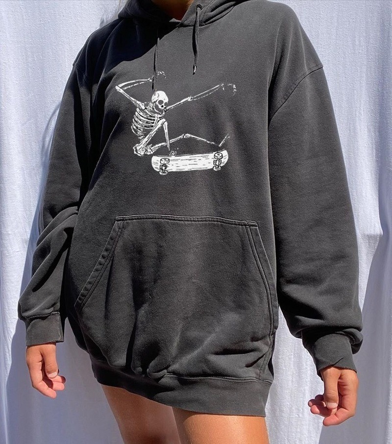 Halloween Skull Funny Cartons Print Fashion Girls Women Sweatshirt Loose Oversized Hoodie Drop-shoulder Casual Sport Plus Size 201102