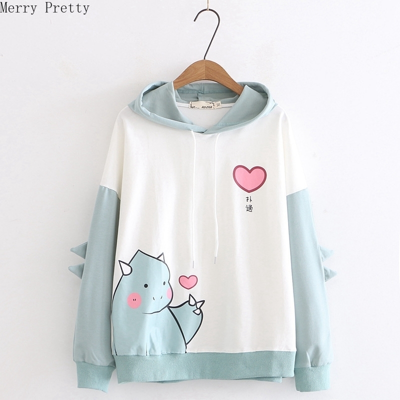 Women Cartoon Dinosaur Print Funny Hoodies Sweatshirts With Horns On Hooded Harajuku Cute Cotton Pullover Casual Loose Tracksuit 201102