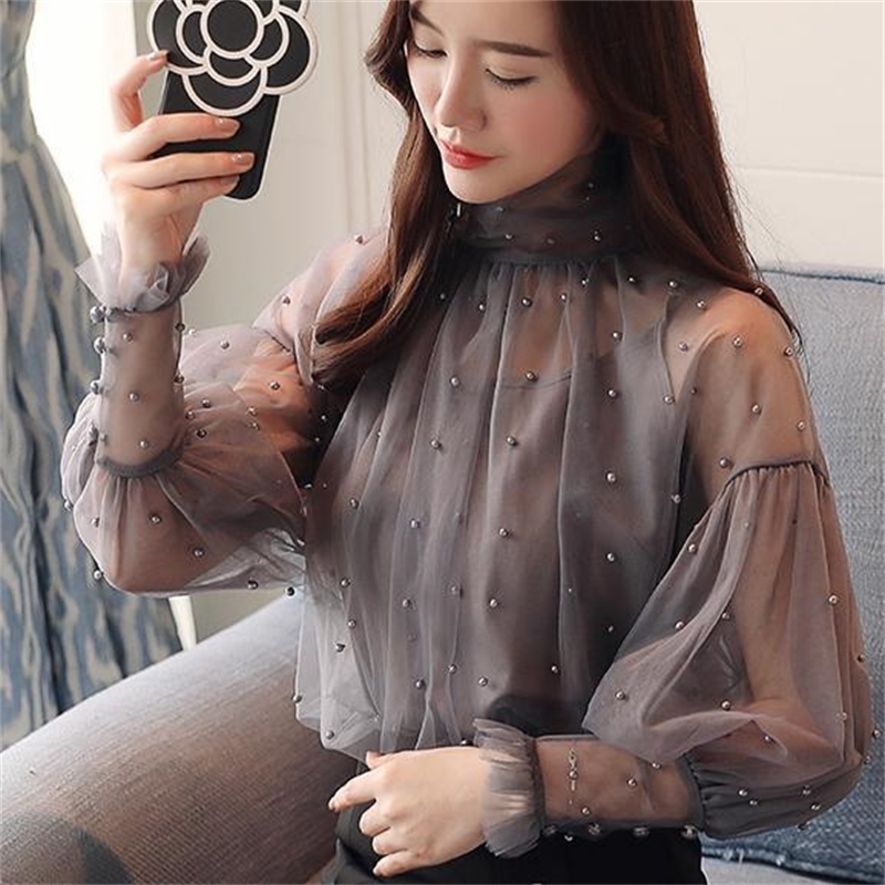 Plus Size 2XL Women Top lantern Sleeve Autumn Spring Blouse Beading Elegant Blouse Chiffon Pearl Shirt T200322