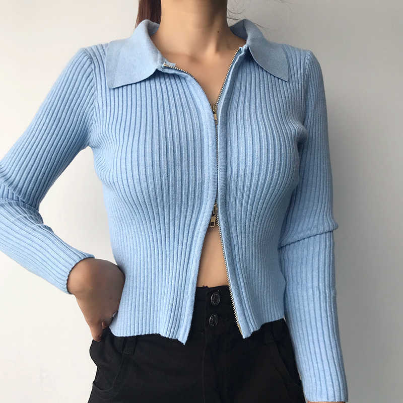 WOMENGAGA Sexy Double-headed Zipper Lapel Long Sleeve Knitted Cardigan Women's Short Tops Vertical Stretch Slim Sweater M02O 210603