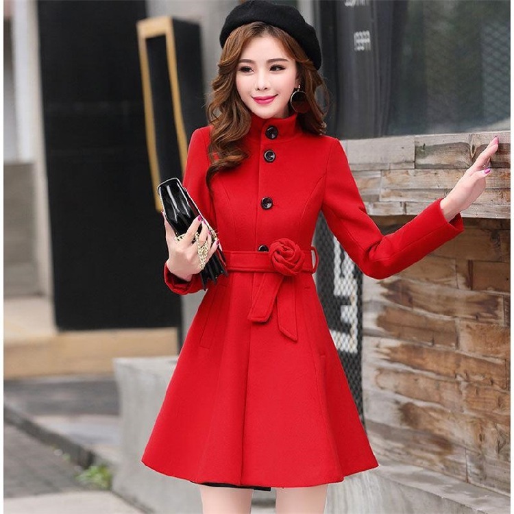 Women outerwear autumn winter New clothing Korea fashion belt warm woolen dress blends Slim female elegant woolen coat 899i 210218