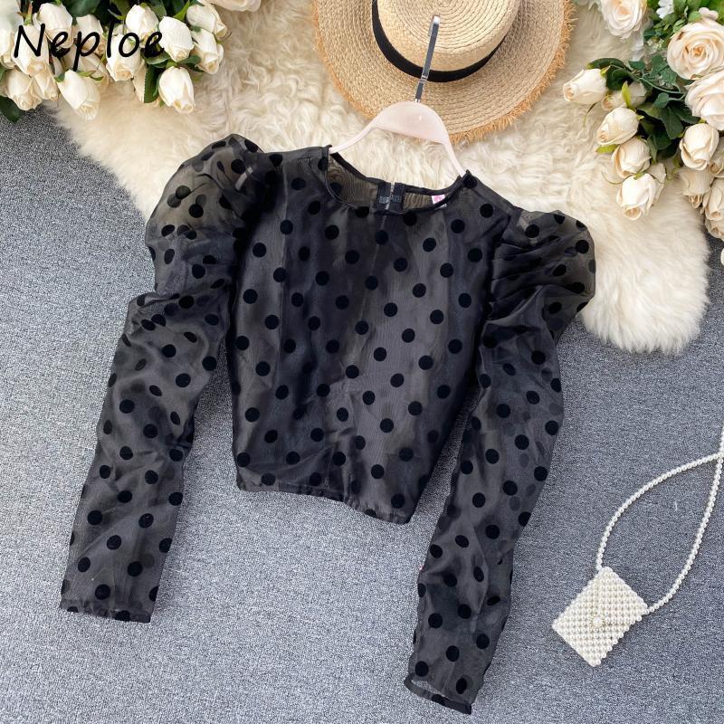 Neploe Retro Chic Polka Dot Puff Sleeve Blouse Women O-neck Zip Panelled Femme Blusas Fashion New All-match Shirt 1F917 210225