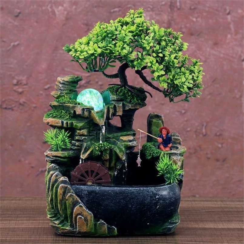 Desktop Resin Mountain Rockery Fountain Waterfall Garden Bonsai Decoration Tabletop Flowing Water (4 Size Choose) 211108
