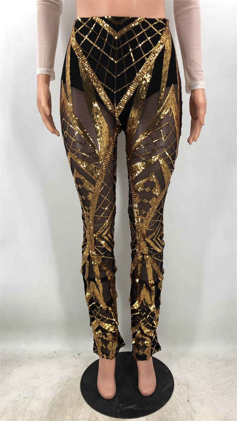 Adogirl Top Grade Sequins Sheer Mesh Pleated Trousers Women Sexy Pants with Panties High Wast Fashion Night Club Party Outfits T200606