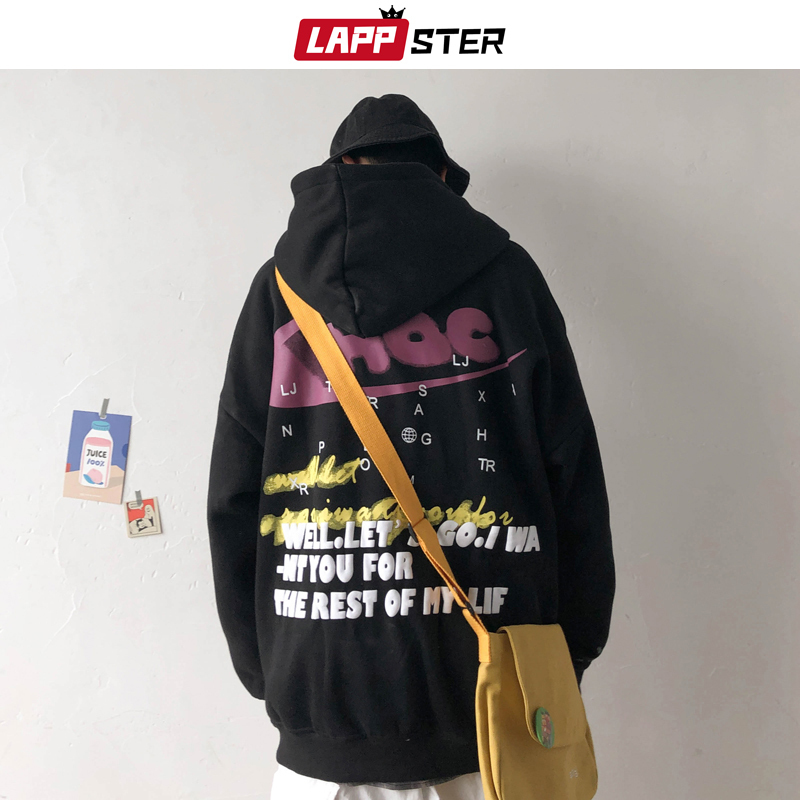 LAPPSTER Men Casual black Korean Sweatshirts Fleece Mens Japanese Streetwear Hooded Hoodie Harajuku Hip Hop Clothing 201020