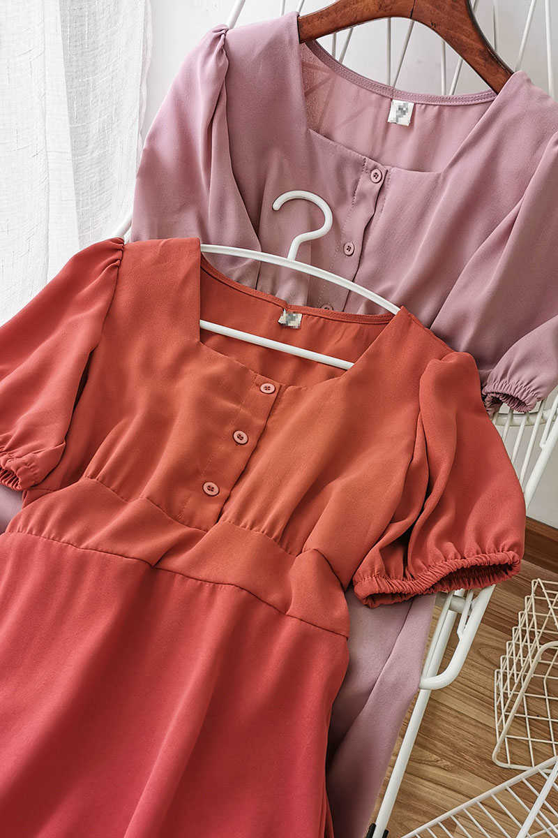 Summer Elegant Square Collar Chiffon Slim Dress Solid A-line Puff Sleeve High Waist Single Breasted Women Medium 210526