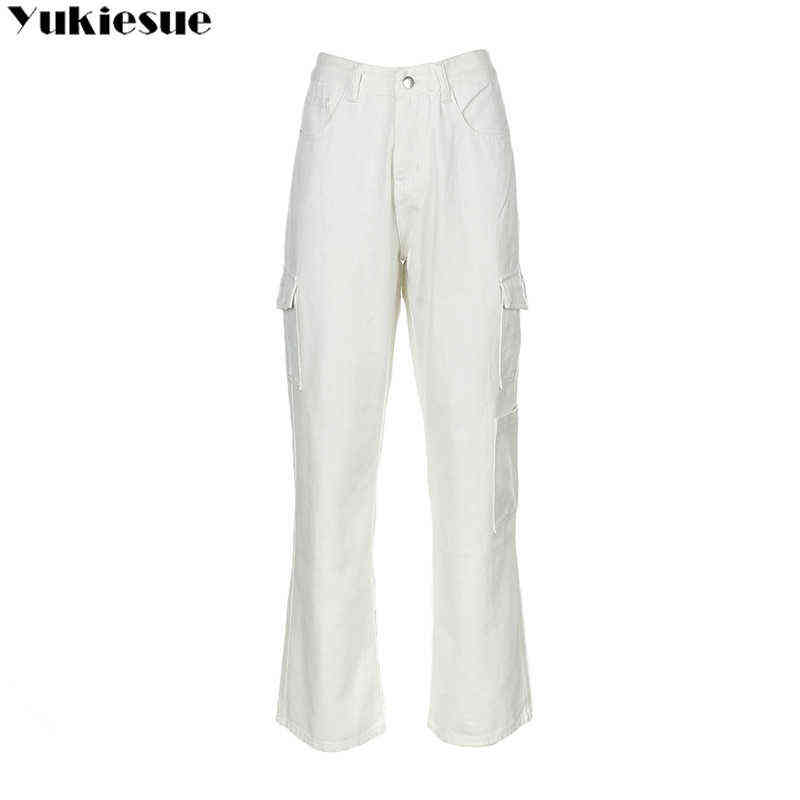 Fashion Loose Jeans Casual Work Pants women Hip Hop woman Cotton Trousers Big Pocket Clothes Blue/black/white 211129
