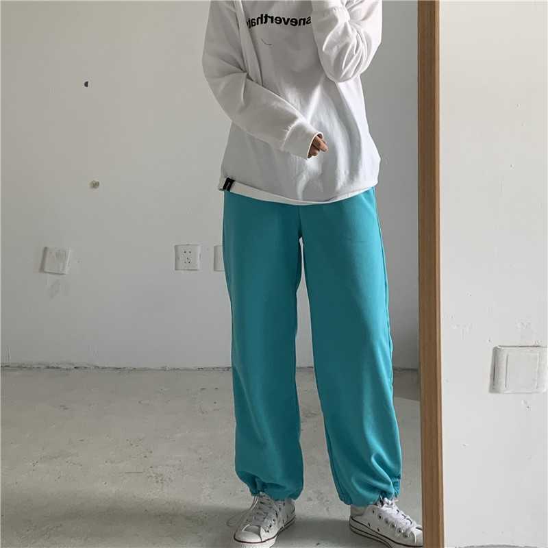 Yedinas Candy Color Pants Women Korean Style Straight Elastic Waist Trousers Casual Loose Solid Wide Leg Harajuku Female 210527