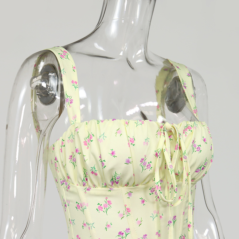 NewAsia Floral Corset Women Sweet Print Hollow Up Tie Up Sexy Crop Top Summer Sleeveless Ruched Boning Bustier Casual Tank Top 210225