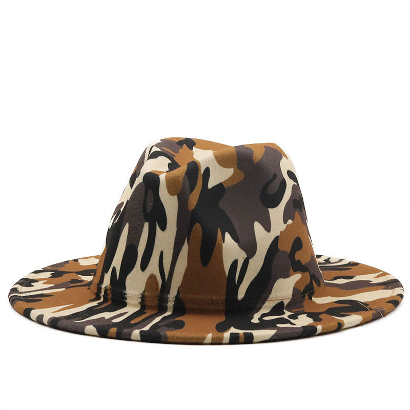 Army Green Camouflage Wool Felt Jazz Fedora Hat for Women Men Wide Brim Panama Party Formal Hat Top Cap with Black Bottom