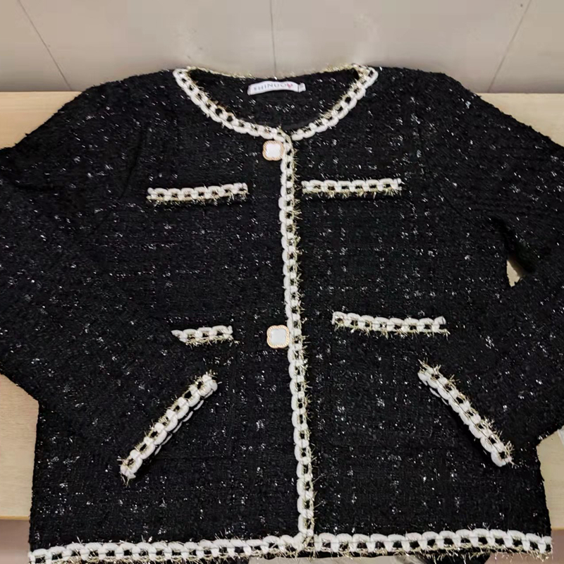 Women Tweed Two Piece Set Autumn And Winter Temperament Black Single Breasted Jacket Crop Tops + High Waist Skirt Suits 220307