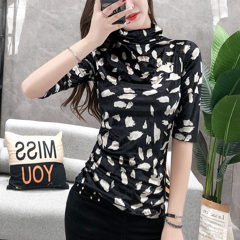 T Shirt Women Tshirt New Spring/Autumn Vintage Turtleneck Soft Velvet Print Half Sleeve T-shirt Slim Ropa Mujer T07811B 210302
