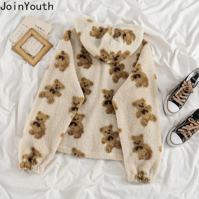 Joinyouth Cartoon Bear Lamb Wool Women's Hooded Jacket Casual Oversized Tops Winter Clothes Woman Jackets Cute Korean Coats 210722