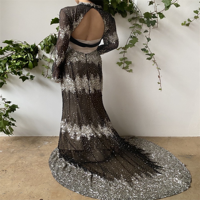 Luxury Sliver Mermaid Prom Dresses Real Image Long Sleeves Evening Dresses Sequins Beads Appliqued Sweep Train Custom Made Pageant Gown