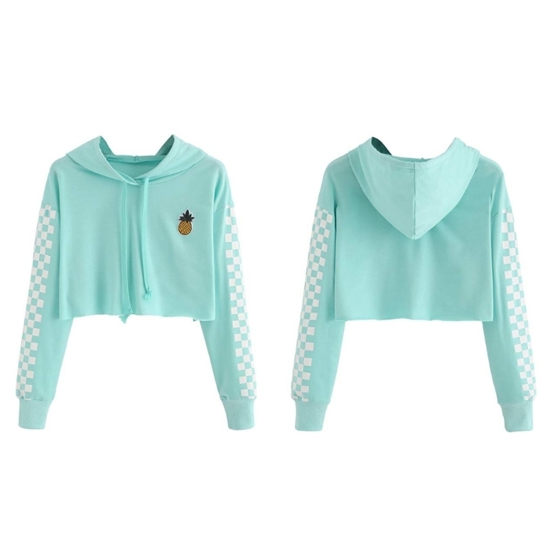 Womens Crop Tops Sweatshirt Pineapple Embroidery Gingham Plaid Hoodies Pullover LJ201103