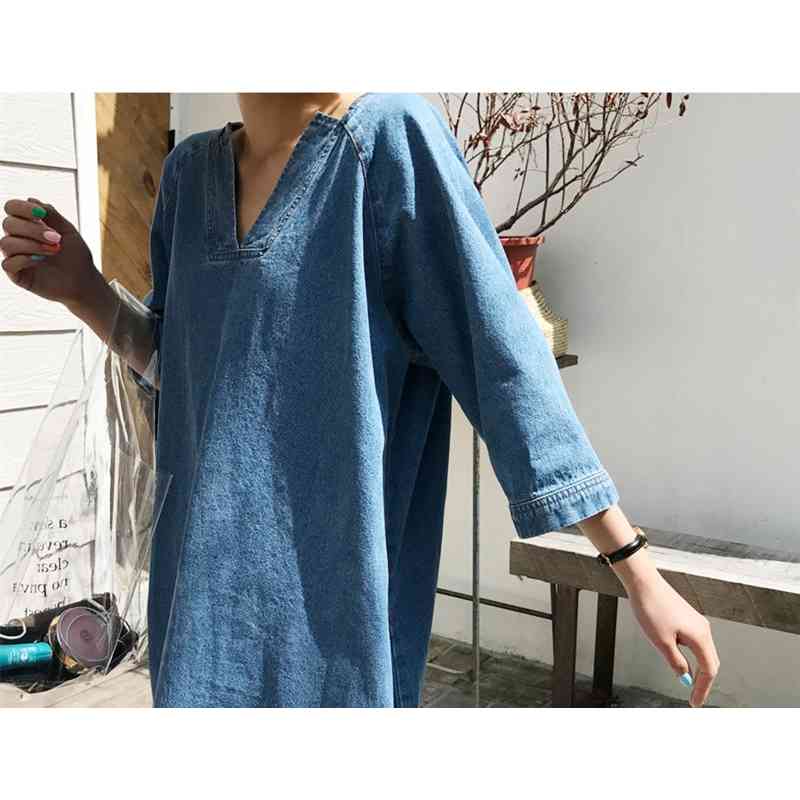 Women Dress V Neck Three Quarter Sleeve Denim Temperament Jean es Loose Leisure Long es Summer 210524