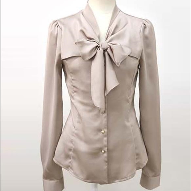 Spring Long Sleeve V Neck Bow Tie Satin Shirts Women Office Work Wear OL Satin Blouses Lady Bow Tie Chiffon Satin Tops 210225