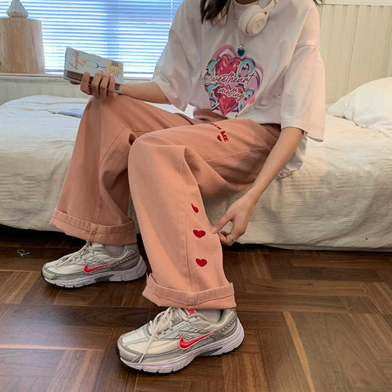 Women's Jeans Pink vintage Embroidery Streetwear High Waist Wide Leg Pants Baggy Harajuku Straight Mom Denim Trouser 210922