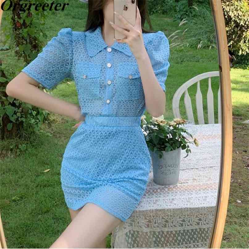 Solid Lace Outfits Female Summer Lapel Short Puff sleeve Single-breasted Shirt + Elastic waist Mini Skirt 2 Piece Set 210602, Blue
Solid Lace Outfits Female Summer Lapel Short Puff sleeve Single-breasted Shirt + Elastic waist Mini Skirt 2 Piece Set 210602, Blue