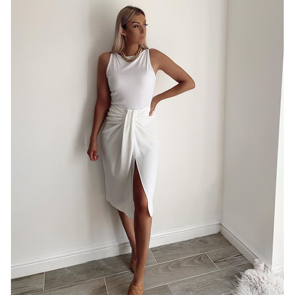 Women White slit Skirt draped Highwaist midi elegant High Street casual Women skirts ropa mujer falda 210306