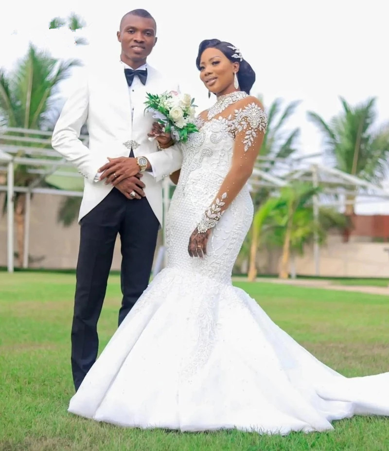Crystal Mermaid Wedding Dresses For Bride Lace Applique Vestidos De Novia Civil African Plus Size Bridal Gowns Court Train
