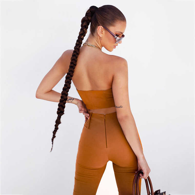 Summer Women'S Brown Strapless Top Sexy Sleeveless High Waist Pants Elegant Women Celebrity Fashion Suit 210527