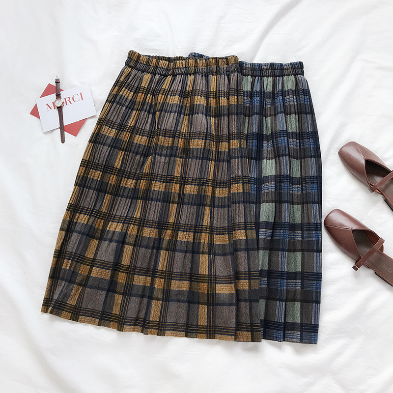 Vintage Plaid Pleated Long Skirts Winter Women Punk Rock Korean Woolen Skirt Streetwear Drawstring Elastic Waist Midi Skirt 210303