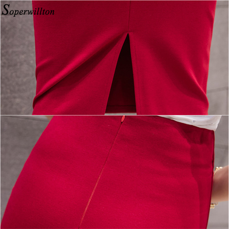 Elegant High Waist Skirts Workwear Plus Size Midi Skirt Slit Black Red elastic Office Lady Bodycon Pencil Skirts Womens 4XL 5XL 210309