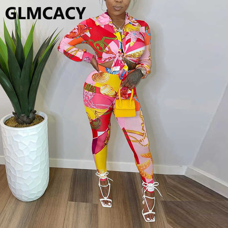 Two Piece Elegant Suits Long Sleeve Button Down Shirt Blouse & Slim Pants Set 210702