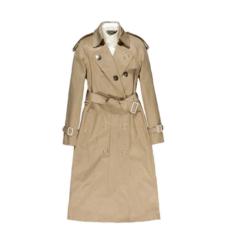 Fall fashion windbreaker women's mid long waitmore knee high British Khaki coat women T200828