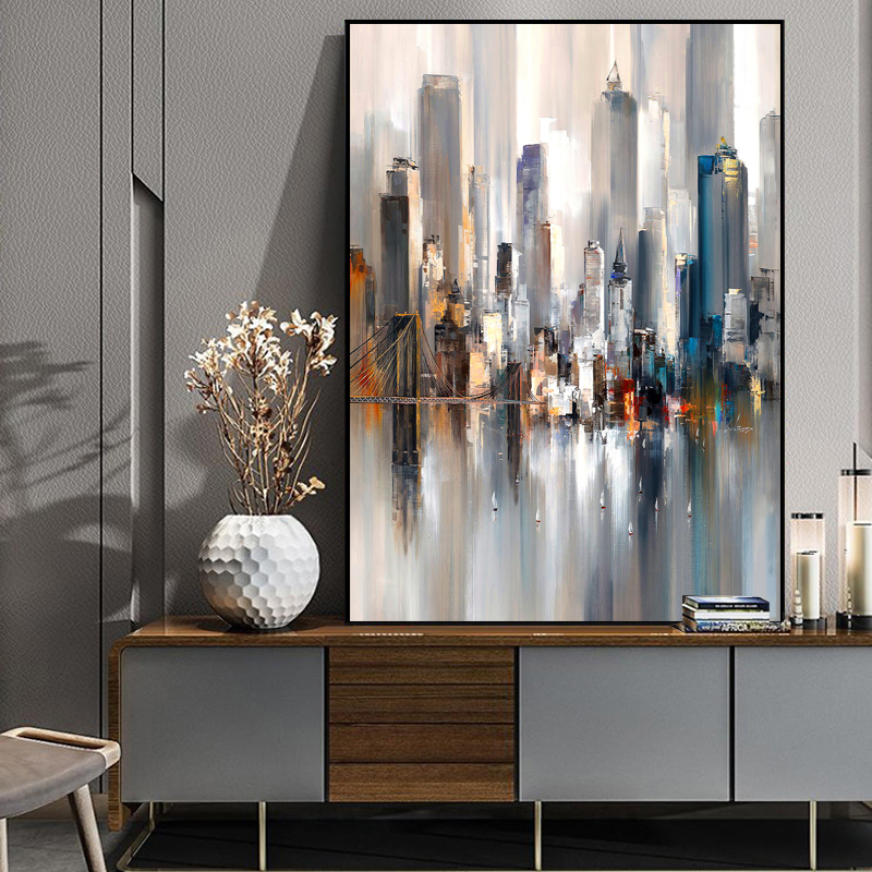 Abstract City Rain Boat Posters Landscape Oil Painting On Canvas Wall Art Pictures For Living Room Modern Home Decor NO FRAME