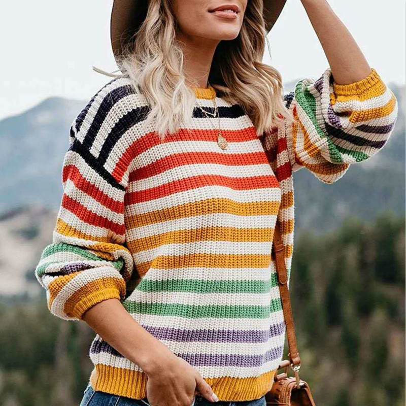 Autumn New Women's Long Sleeve Stripes Knitted round Neck Fashion Wool Female Knitting Upperwaear pullover Sweater 201017