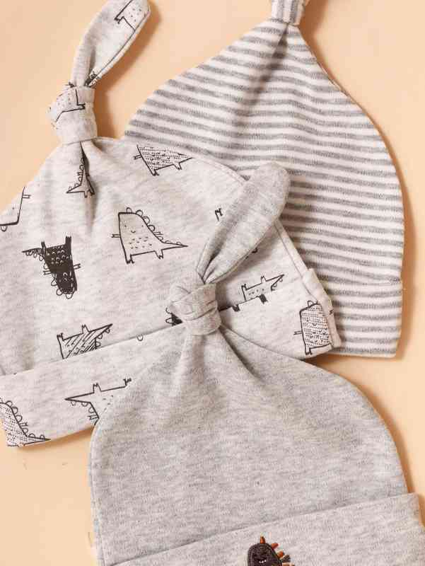 3pcs Baby Striped Print Embroidery Detail Hat SHE