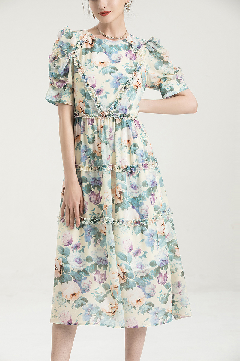 Women's Runway Dresses O Neck Short Sleeves Floral Printed Ruffles Elegant Fashion Mid Dress