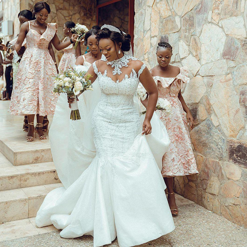 Shiny African High Neck Mermaid Wedding Dresses Appliques Lace Beads Sequins Cap Sleeve Long Plus Size Bridal Gowns Sheer Nude Neck Vestidos