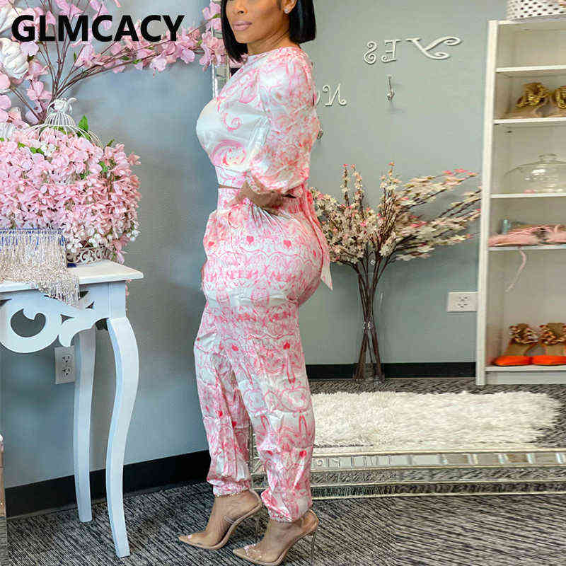 Two Pieces Sets Women Short Sleeve Printed Top & Bodycon Pants 211105