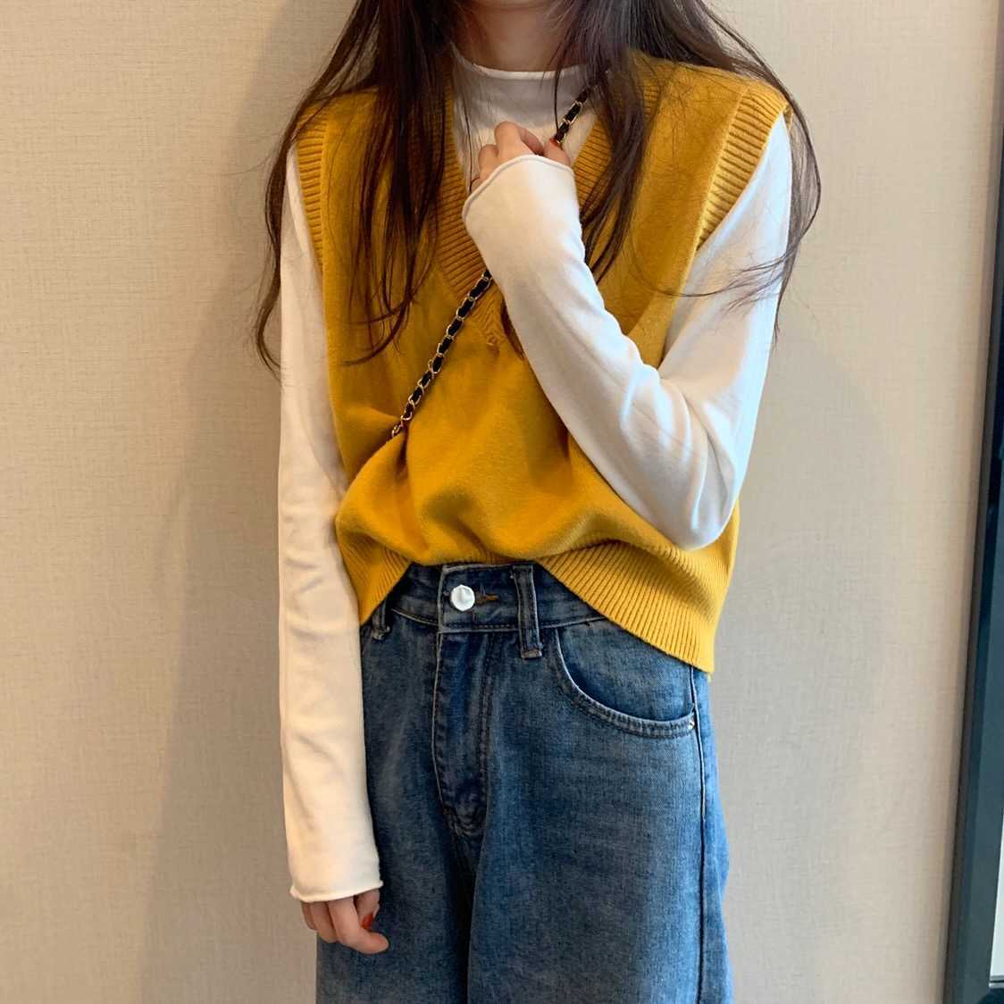 Spring Korean Women Vest Preppy Style Casual V-neck Knitted Vests Women Clothing High Quality 210910