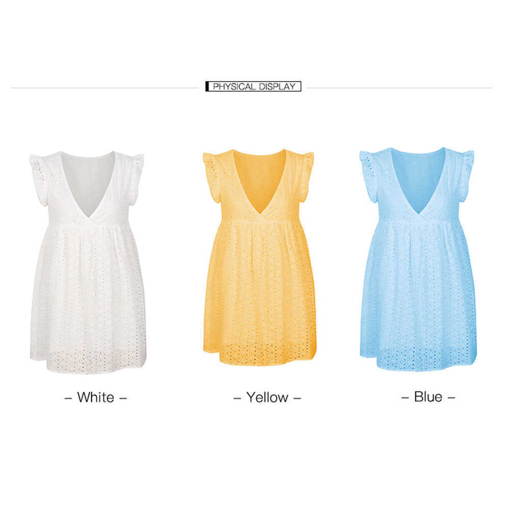 Jocoo Jolee Elegant Hollow Out Mini Dress Sexy V Neck Butterfly Sleeve Lace Short A Line Dress Casual Loose Summer Dress 210630