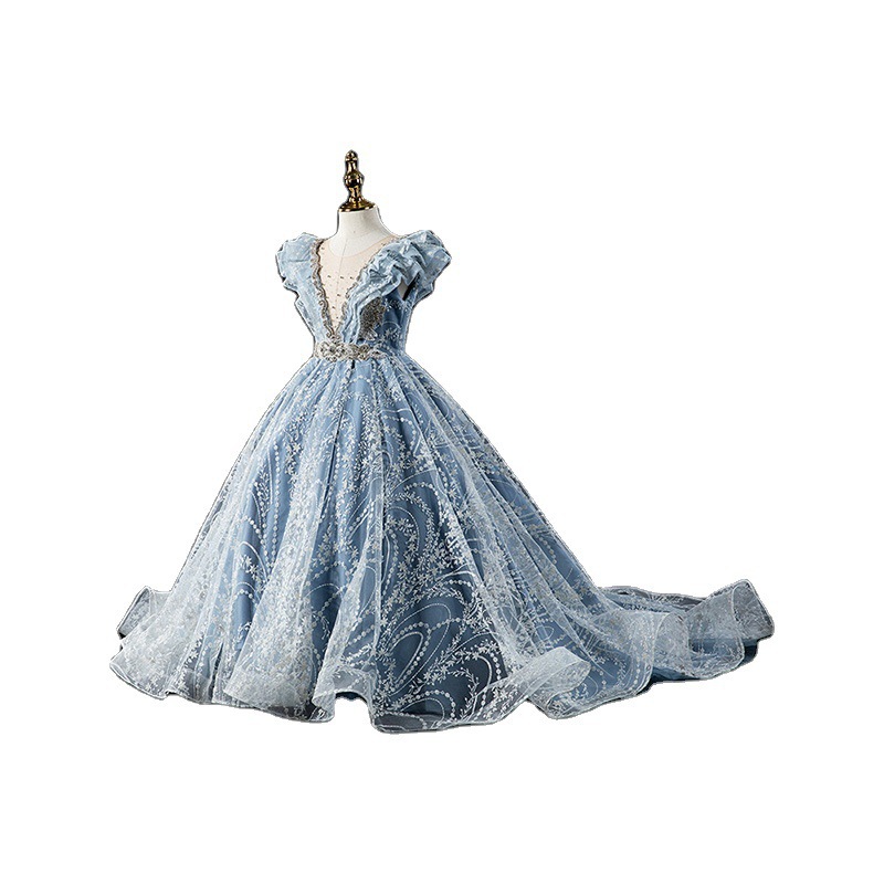 Puffy Flower Girls Dresses 3D Flower V Neck Long Sleeve Kids Teens Pageant Gowns Birthday Party Dress For Wedding long tail Gown 2021