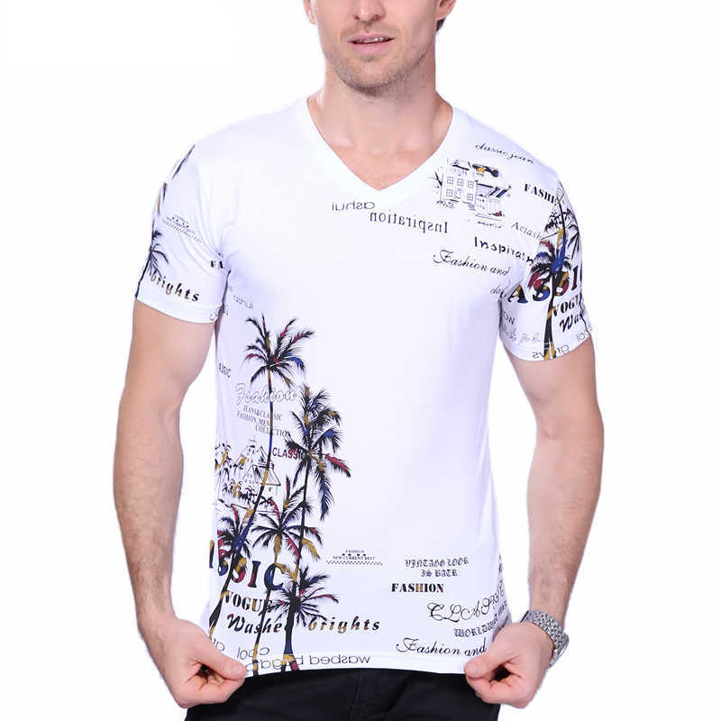 Summer Men's T-shirt Fashion Coconut Island Printing T Shirt Men V Neck Short Sleeve Slim Fit Casual Mens Tee Shirt 5XL 210528