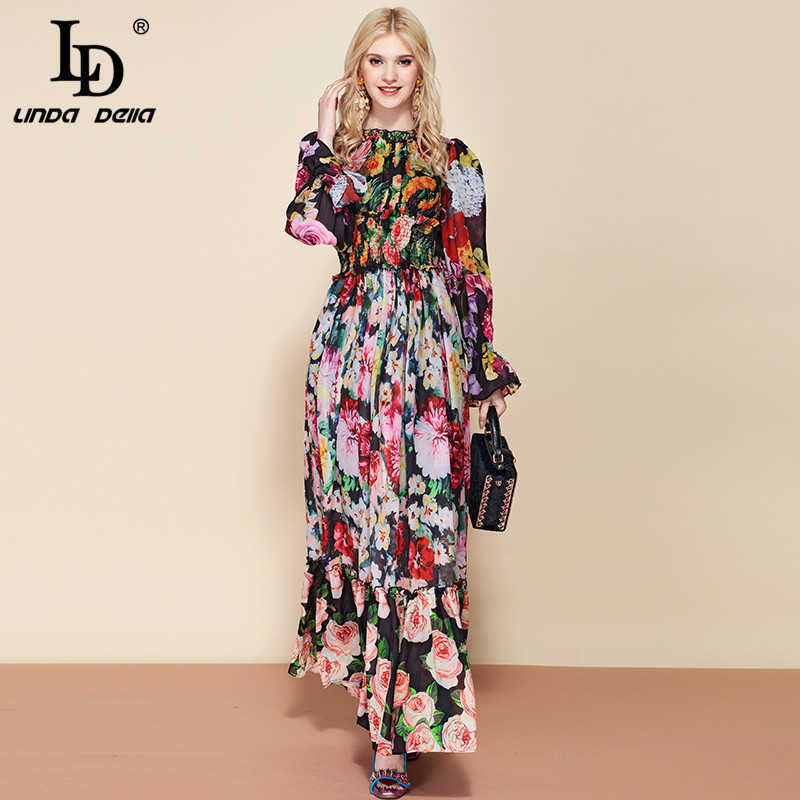 LD LINDA DELLA Fashion Runway Summer Long Sleeve Maxi Dres's elastic Waist Floral Print Elegant Party Holiday 210623