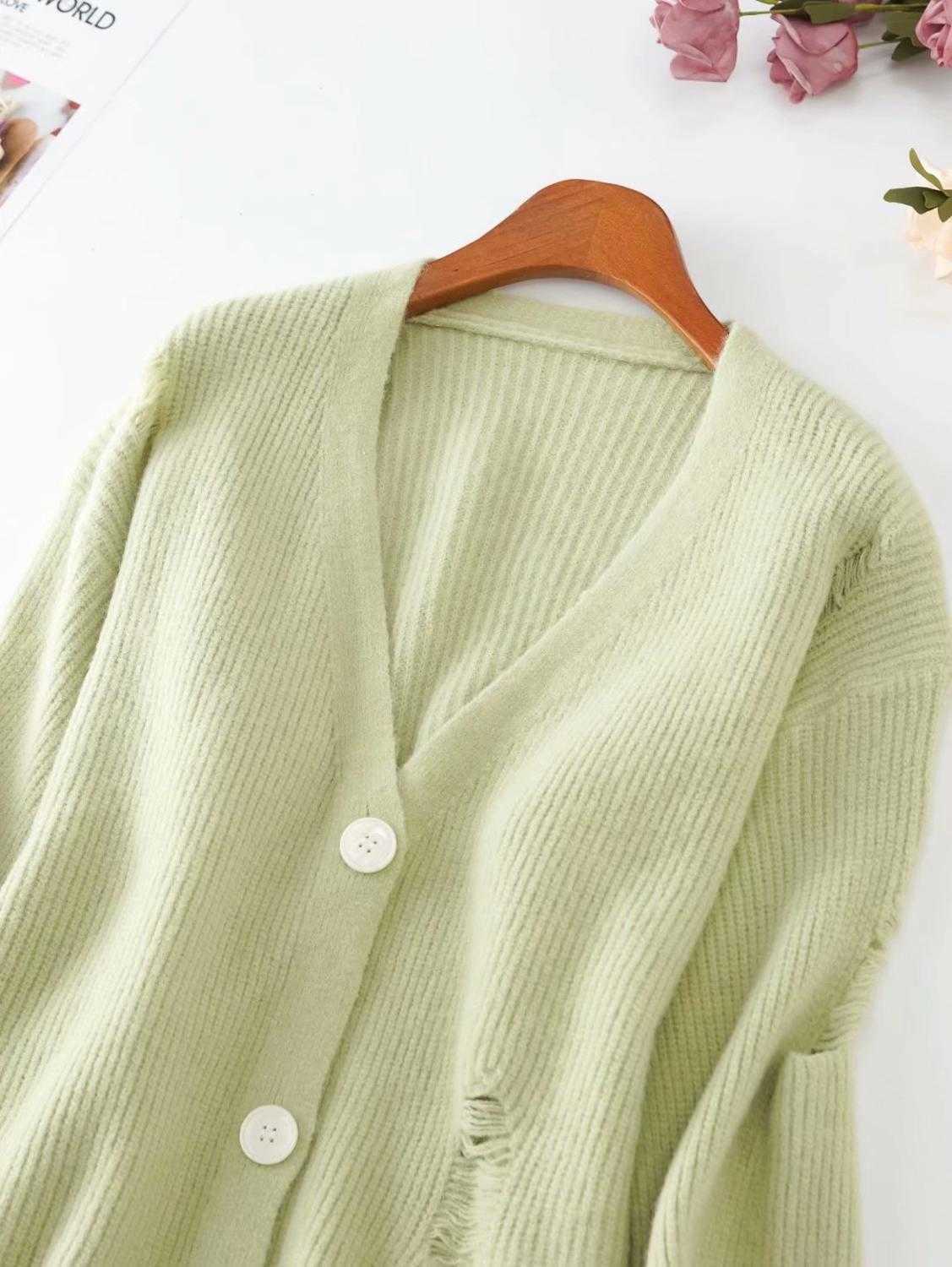 H.SA Fall Fashion Sweater and Cardigans V neck Broken Hole Chic Kitting Jumpers Yellow Cute Cardigan Sweater mujer 210716